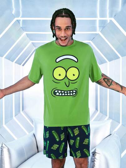 Rick and Morty X SHEIN طقم ملابس علوية رقبة طاقم كرتونية وشورت أسود، ملابس منزلية صيفية عادية للرجال