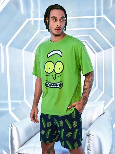 Rick and Morty X SHEIN طقم ملابس علوية رقبة طاقم كرتونية وشورت أسود، ملابس منزلية صيفية عادية للرجال
