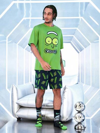 Rick and Morty X SHEIN طقم ملابس علوية رقبة طاقم كرتونية وشورت أسود، ملابس منزلية صيفية عادية للرجال