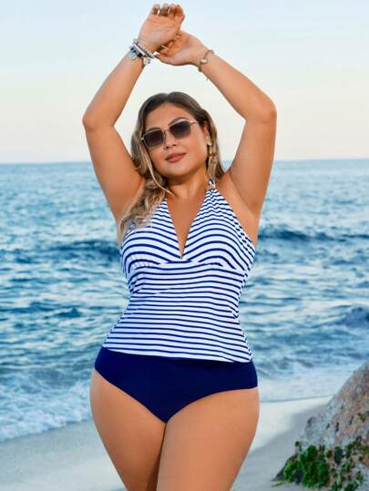 Swim Lushoire بيكيني تانكيني أنيق عادي بقصة عنق ولون مخطط للنساء كبيرات الحجم