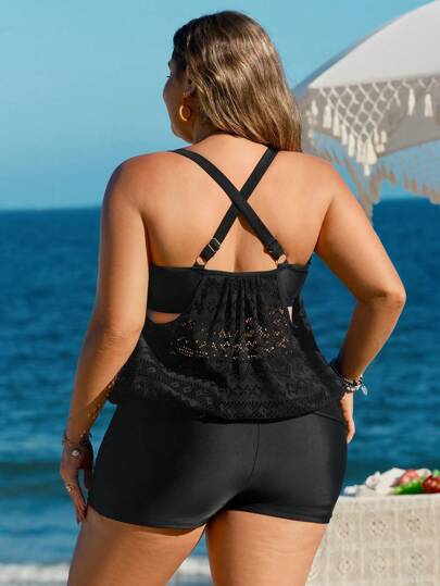 Swim Lushoire طقم ملابس سباحة نسائية كبيرة الحجم مكون من بانتي قصيرة ومايوه تانكيني مزين بشرائط وتطريز