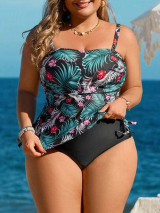 Swim Lushoire بكيني للمرأة ذات الحجم الكبير مكون من 2 قطعة، ملابس علوية توب وشورت عالي الخصر بطبعة أوراق نباتية استوائية، حمالات قابلة للتعديل. بزي سباحة مريح للارتداء اليومي أو العطلات