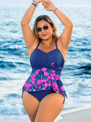 Swim Lushoire بحجم إضافي ، مجموعة من قطعتين، بيكيني مطبوع بالنباتات، بتصميم ذو حمالات رفيعة متقاطعة أمامية وحبل سحاب، ملابس سباحة بسيطة بفصاااءل