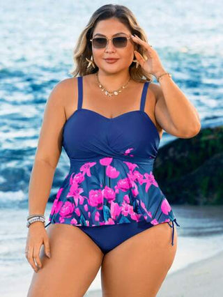 Swim Lushoire بحجم إضافي ، مجموعة من قطعتين، بيكيني مطبوع بالنباتات، بتصميم ذو حمالات رفيعة متقاطعة أمامية وحبل سحاب، ملابس سباحة بسيطة بفصاااءل