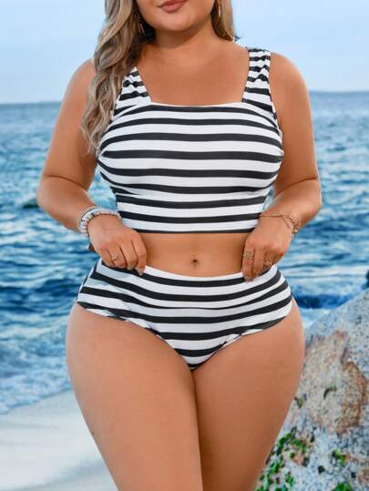 Swim Lushoire بكيني ملابس علوية للنساء المليئات الحجم قماش مخطط ظهر مكشوف