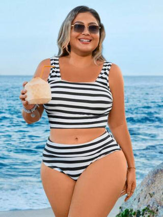 Swim Lushoire بكيني ملابس علوية للنساء المليئات الحجم قماش مخطط ظهر مكشوف