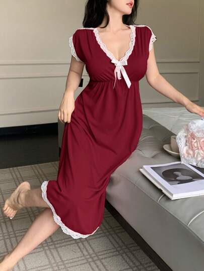 SHEIN ثوب نوم نسائي ذو رقبة عميقة على شكل فرجار، أنيق للصيف