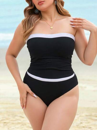 Swim Vcay ملابس سباحة نسائية مقاس كبير تتألف من ملابس علوية بندو بالجلد مرقّع باللونين الأسود والأبيض مع أسفل بكيني مثلث عالي الخصر بلون متباين ، مجموعة ملابس سباحة أنيقة وجذابة للاستخدام اليومي والعطلات الشاطئية