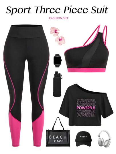 SHEIN Sport Studio بدلة رياضية للنساء شاملة: تي شيرت قصيرة ذات ياقة غير متماثلة مطبوع عليها حرف، وحلة واحدة الكتف وسروال ضيق