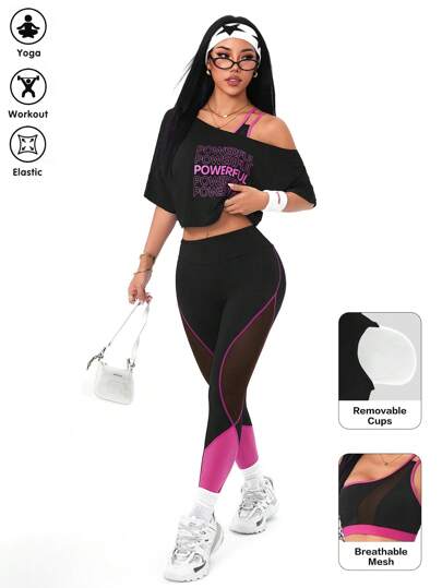 SHEIN Sport Studio بدلة رياضية للنساء شاملة: تي شيرت قصيرة ذات ياقة غير متماثلة مطبوع عليها حرف، وحلة واحدة الكتف وسروال ضيق