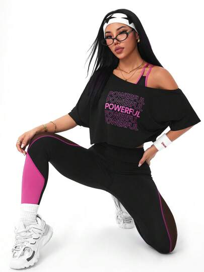 SHEIN Sport Studio بدلة رياضية للنساء شاملة: تي شيرت قصيرة ذات ياقة غير متماثلة مطبوع عليها حرف، وحلة واحدة الكتف وسروال ضيق