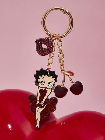 Betty Boop x SHEIN قلادة مفتاح من سبيكة ثلاثية الأبعاد على شكل كرز لامع، قلادة جذابة على شكل رسوم كرتونية، قلادة للحقيبة، هدايا، مناسبات، عيد الحب