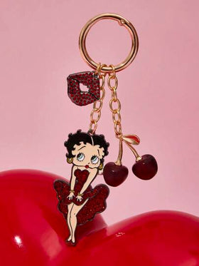 Betty Boop x SHEIN قلادة مفتاح من سبيكة ثلاثية الأبعاد على شكل كرز لامع، قلادة جذابة على شكل رسوم كرتونية، قلادة للحقيبة، هدايا، مناسبات، عيد الحب