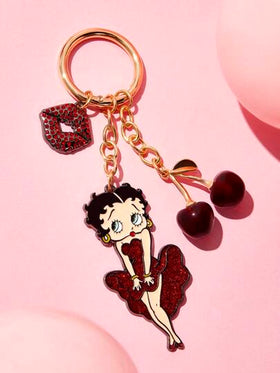 Betty Boop x SHEIN قلادة مفتاح من سبيكة ثلاثية الأبعاد على شكل كرز لامع، قلادة جذابة على شكل رسوم كرتونية، قلادة للحقيبة، هدايا، مناسبات، عيد الحب