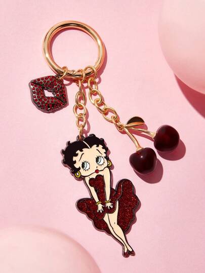 Betty Boop x SHEIN قلادة مفتاح من سبيكة ثلاثية الأبعاد على شكل كرز لامع، قلادة جذابة على شكل رسوم كرتونية، قلادة للحقيبة، هدايا، مناسبات، عيد الحب