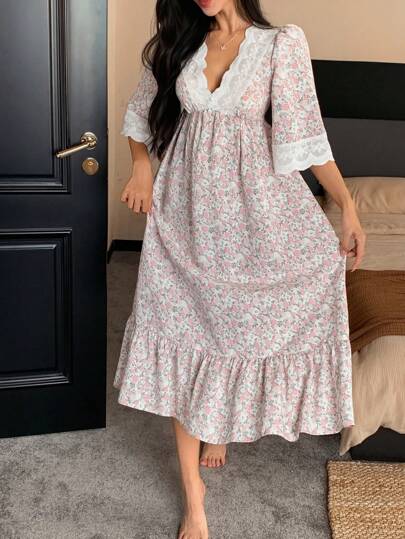 DAZY فستان نوم للنساء بياقة على شكل حرف V وخصر مربوط، بتصميم رومانسي مزخرف بنقشات زهور صغيرة وتطريز دانتيل، مناسب للعودة إلى المدرسة، وللبس في فصل الخريف والشتاء رمضان