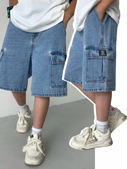 SHEIN ملابس أولاد المراهقين الكاجوال بطراز Y2K الرائع، تصميم جيوب ملابس العمل، شورت جينز فضفاض وناعم للأطفال مريح للاستخدام اليومي وفي فصلي الصيف والربيع، ملابس للحفلات والشاطئ