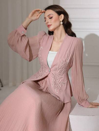 طقم حريمي قطعتين Modelyn العيد مجموعة من قطعتين: بلوزة شيفون مخرمة ذات أكمام ملفوفة مرصّعة بالخرز + تنورة مطوية، للربيع/الصيف