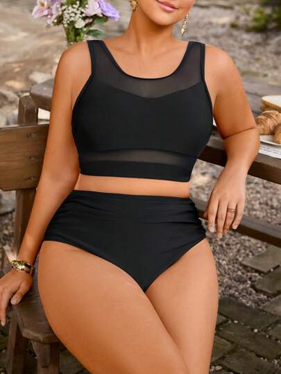 SHEIN Swim Curve مجموعة بيكيني من نوع جسم قصير ثلاثي القطع ، حجم كبير، رقبة مدورة ومن القماش الشاش المثير وبطول عالي الخصر بشرائح مجعدة مناسب للربيع والصيف