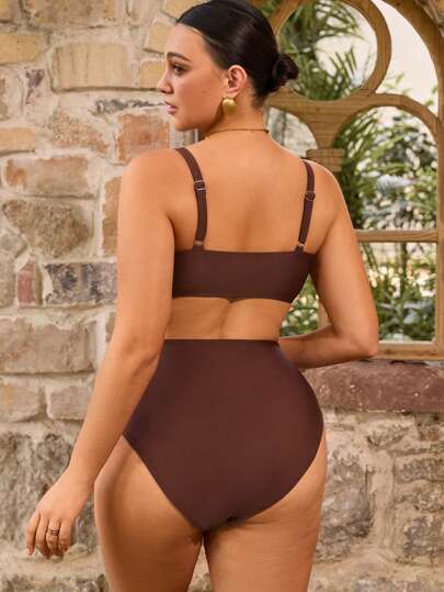 SHEIN Swim Curve بيكيني ذو قطعتين باللون البني المحدد للنساء متناسق الأحجام، ملابس استجمام عارضة للشاطئ