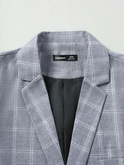 Manfinity Bizformal جاكيت بدلة الرجال ذات الصدر الواحد المربعات مع وسائد الكتف، أكمام طويلة