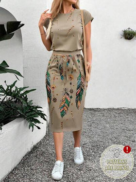 SHEIN LUNE مجموعة تنورة ذات ملمس ريشي للنساء قطعتين، مناسبة للصيف