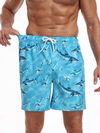 Manfinity Swimmode صورة قرش صيفية كاجوال عصرية للرجال , شورتات شاطئ بخصر قابل للربط ، سراويل السباحة الرجالية ، هاواي