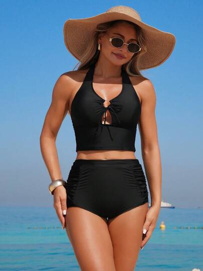 طقم تانكيني حريمي Swim Lushoire طقم محصول بأسمع الرقبة وخصر مرتفع مع سحاب أمامي ، تصميم كتف صلب للنساء لموسم الصيف الجديد