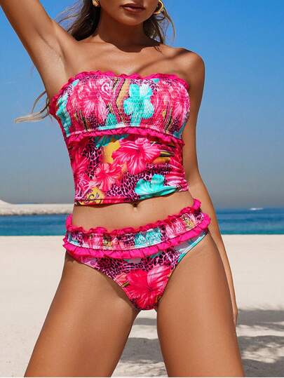 طقم تانكيني حريمي Swim Lushoire قطعتان من البيكيني رياضي للنساء، ذو ظهر جذاب وكشكش مكموم للجزء السفلي، طراز أوروبي أمريكي صيفي