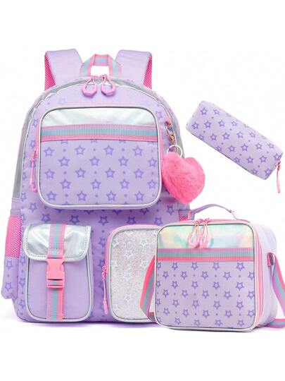 3 حقائب ظهر للبنات لطلاب المدارس الابتدائية، حقائب ظهر سفر جمالية للأطفال ذات سعة كبيرة لحمل الكمبيوتر المحمول والكتب مع حقيبة غداء، طقم حقيبة ظهر 3 في 1 للبنات للعودة إلى المدرسة