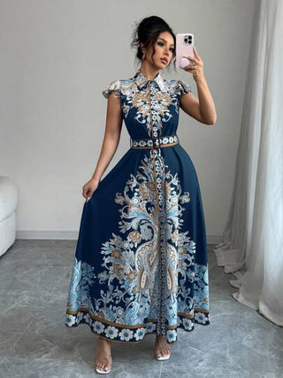 Rafferiza فستان نسائي جديد بياقة مطوية وأكمام قصيرة، مطبوع تطبيق مطبوع بطراز قديم، خصر ضيق