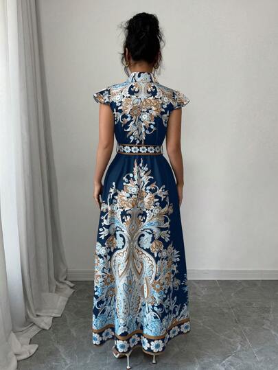 Rafferiza فستان نسائي جديد بياقة مطوية وأكمام قصيرة، مطبوع تطبيق مطبوع بطراز قديم، خصر ضيق