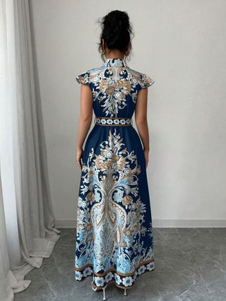 Rafferiza فستان نسائي جديد بياقة مطوية وأكمام قصيرة، مطبوع تطبيق مطبوع بطراز قديم، خصر ضيق
