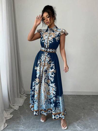 Rafferiza فستان نسائي جديد بياقة مطوية وأكمام قصيرة، مطبوع تطبيق مطبوع بطراز قديم، خصر ضيق