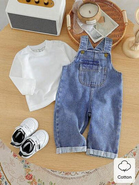 SHEIN Vintaside Kids بلوزة قطنية سادة وبذلة قصيرة جينز مع أربطة مطوية للربيع والصيف للأطفال الصبيان