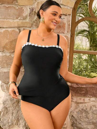 SHEIN Swim Curve مجموعة بكامل الحجم 2 قطعة من ملابس السباحة المتواضعة ذات اللون الصلب والمرونة العالية للسيدات، مع أشرطة قابلة للإزالة، ضبط البطن، تصميم مشرق، تانكيني أنيق