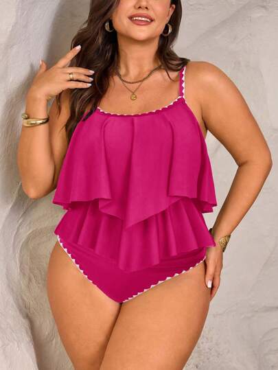 Swim Lushoire مجموعة قطعتين للمرأة البدينة ذات الحجم الكبير، ملابس علوية ذات حمالات رفيعة مرتدية زخرفة متدلية وشورت متوسط الخصر منبث خصراً، للصيف والعطل على الشاطئ