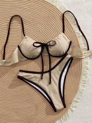 Swim Vcay بيكيني ذو كأس ناعم منسوج وسرة أسلكية، ملابس علوية قابل للإزالة به حشو مقاسات قابل للربط بفيونكة بنية، ملابس سباحة نسائية بسيطة للإجازة