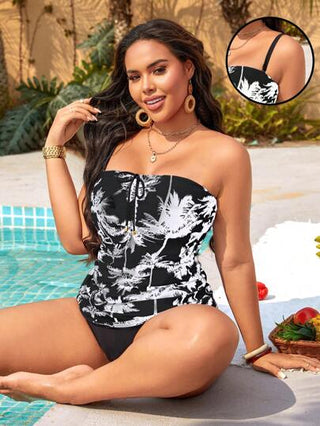 SHEIN Swim Curve طقم بكيني تنكيني ملابس علوية صيفية بسيطة للمرأة ذات المقاسات الكبيرة