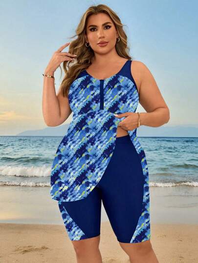 Swim Lushoire مجموعة ملابس السباحة بطبعة أصباغ الربط للمرأة بمقاس إضافي، بدلة سباحة للشاطئ والإجازات