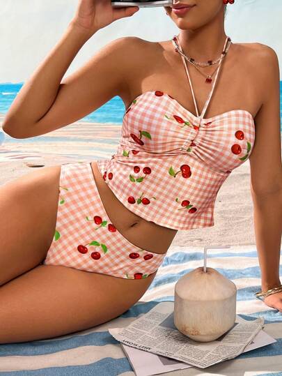 طقم تانكيني حريمي Swim Mod قميص حمام بأربطة مع طباعة مربعات كرزة حلوة على قماش عطلة الصيف