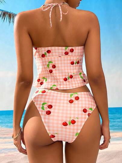 طقم تانكيني حريمي Swim Mod قميص حمام بأربطة مع طباعة مربعات كرزة حلوة على قماش عطلة الصيف