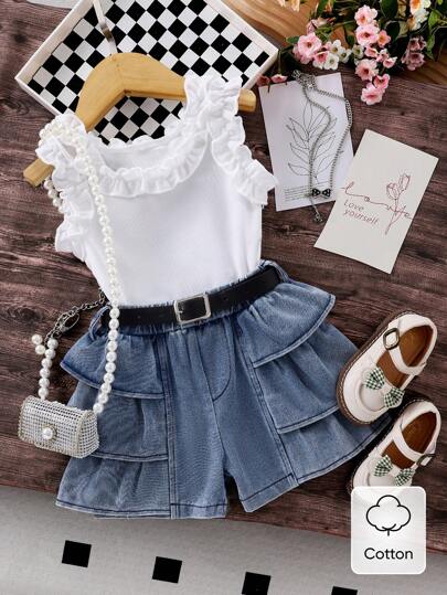 زي للبنات الرضع، ملابس علوية بيضاء + شورت جينز بتنورة مطوية