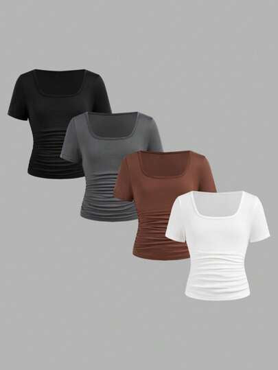 تيشيرتات بناتي 4 قطعة/مجموعة قمصان t-shirt قصيرة الأكمام مريحة ذات خصر مكرمل ياقة دائرية للبنات في مرحلة المراهقة، مجموعة من 4 قطع