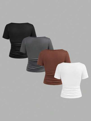 تيشيرتات بناتي 4 قطعة/مجموعة قمصان t-shirt قصيرة الأكمام مريحة ذات خصر مكرمل ياقة دائرية للبنات في مرحلة المراهقة، مجموعة من 4 قطع