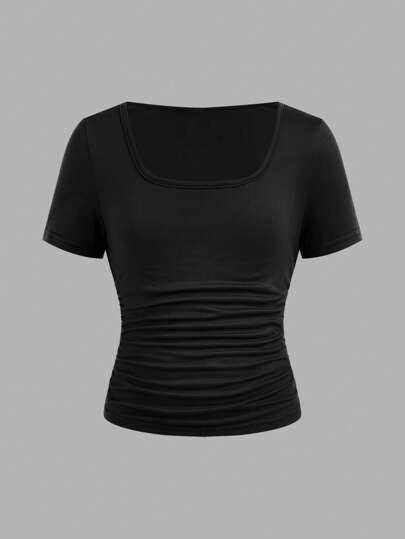 تيشيرتات بناتي 4 قطعة/مجموعة قمصان t-shirt قصيرة الأكمام مريحة ذات خصر مكرمل ياقة دائرية للبنات في مرحلة المراهقة، مجموعة من 4 قطع