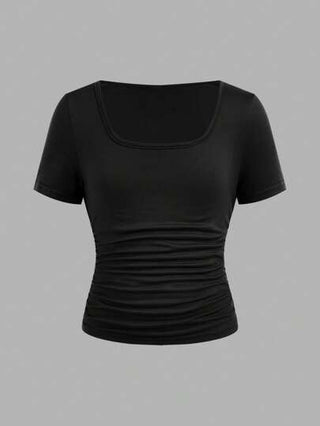 تيشيرتات بناتي 4 قطعة/مجموعة قمصان t-shirt قصيرة الأكمام مريحة ذات خصر مكرمل ياقة دائرية للبنات في مرحلة المراهقة، مجموعة من 4 قطع