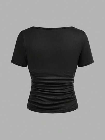 تيشيرتات بناتي 4 قطعة/مجموعة قمصان t-shirt قصيرة الأكمام مريحة ذات خصر مكرمل ياقة دائرية للبنات في مرحلة المراهقة، مجموعة من 4 قطع