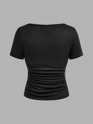 تيشيرتات بناتي 4 قطعة/مجموعة قمصان t-shirt قصيرة الأكمام مريحة ذات خصر مكرمل ياقة دائرية للبنات في مرحلة المراهقة، مجموعة من 4 قطع