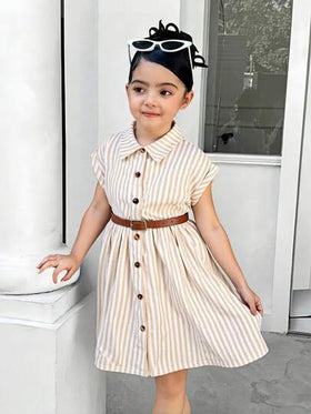 Elladie kids فستان قميص مع أزرار وحزام موضة، بياقة مخطط وياقة منساة واسعة، قطعة ملابس كاجوال / ترفيهية / إجازة، موسم الربيع